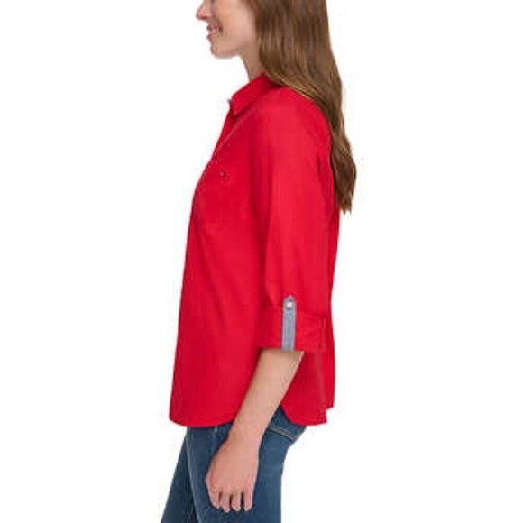 NEW Tommy Hilfiger Roll-Tab Button Up Shirt | Red - Picture 2 of 9